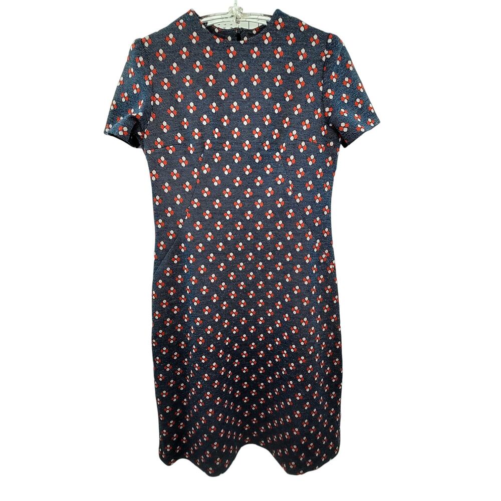 Vintage 70s Geometric Blue Red Print Shift Dress‎ Knit Retro Mod Short Sleeve